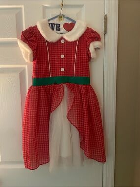 Girls' Red Holiday Dress Costume with White Faux Fur Trim and Green Belt